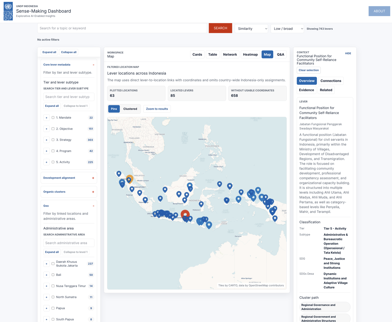 Map dashboard view showing filtered lever locations across Indonesia.